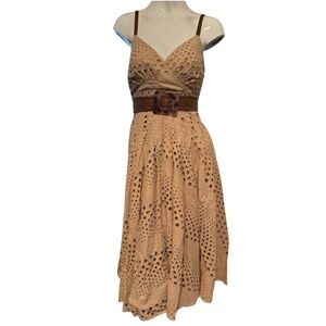 Boston Proper Elegant Tan Eyelet Dress size 2, faux leather straps and belt NWTS